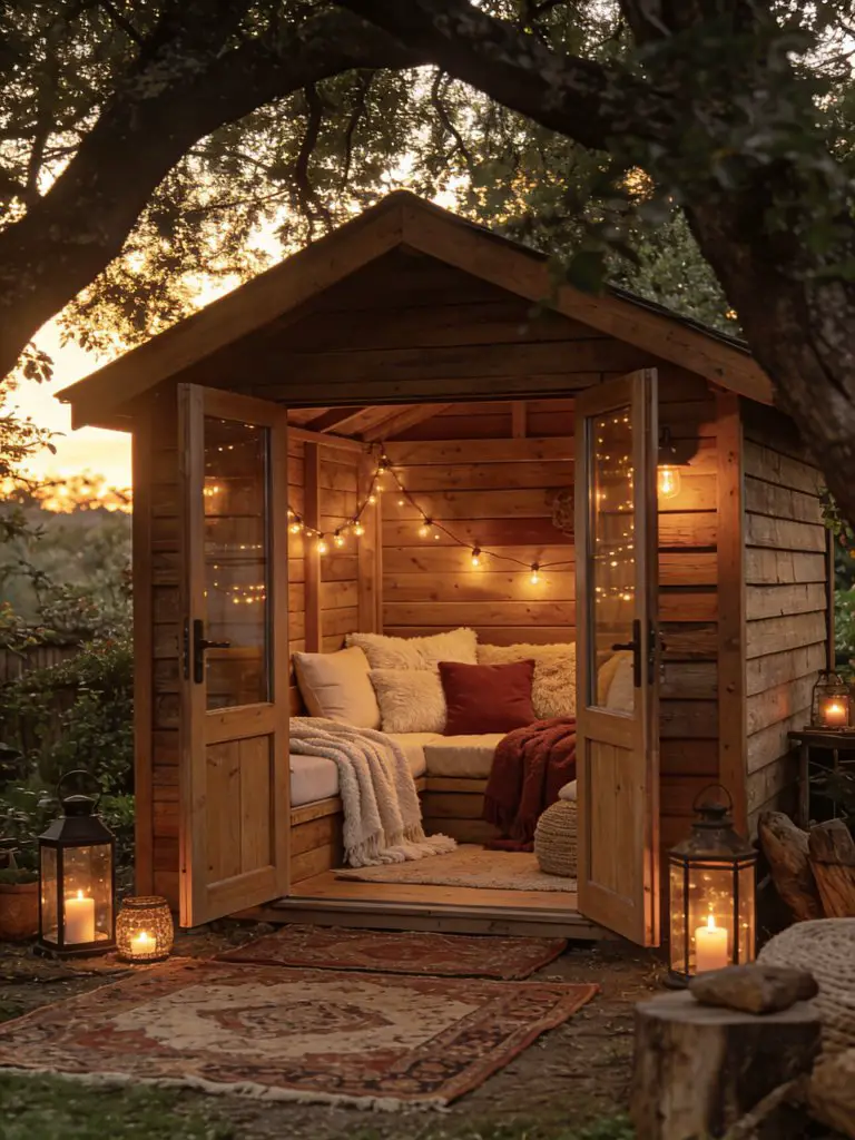 A magical candlelit garden shed styled in a cozy bohemian rustic aesthetic, featuring a small wooden hut nestled under trees.