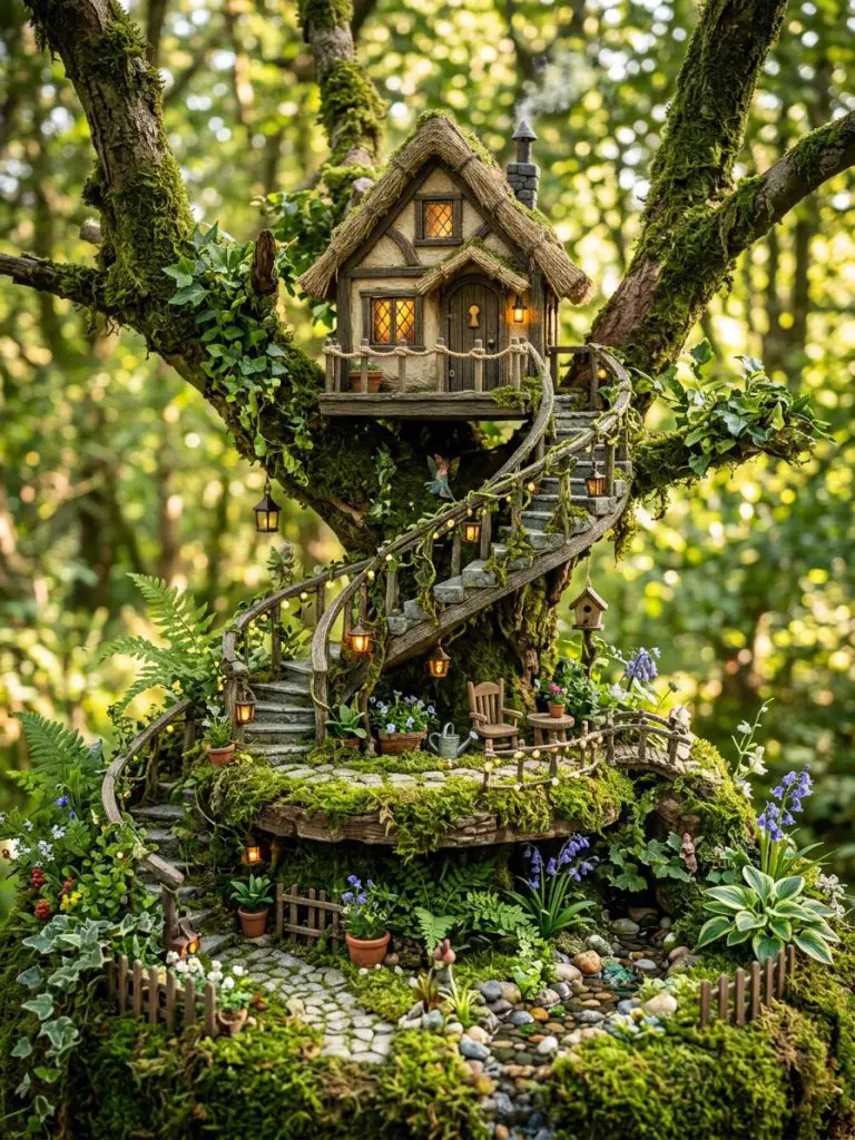 A magical treehouse-style fairy garden with multiple mossy levels, designed in whimsical woodland cottagecore style.