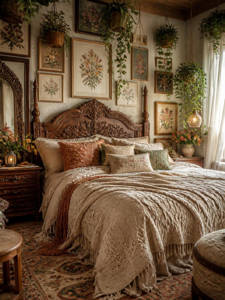 A maximalist floral boho bedroom filled with botanical wall art, carved wooden furniture, hanging greenery, and richly layered neutral texti.
