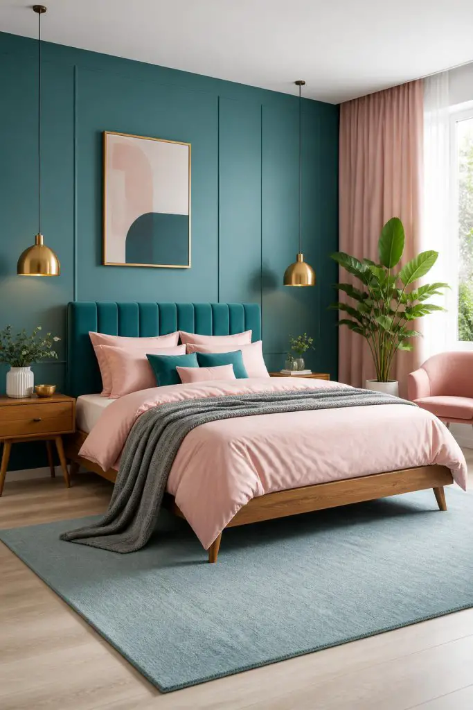 A mid-century inspired bedroom with minimalist teal panelled walls and a channel-tufted teal headboard, softened by pale blush bedding and a.