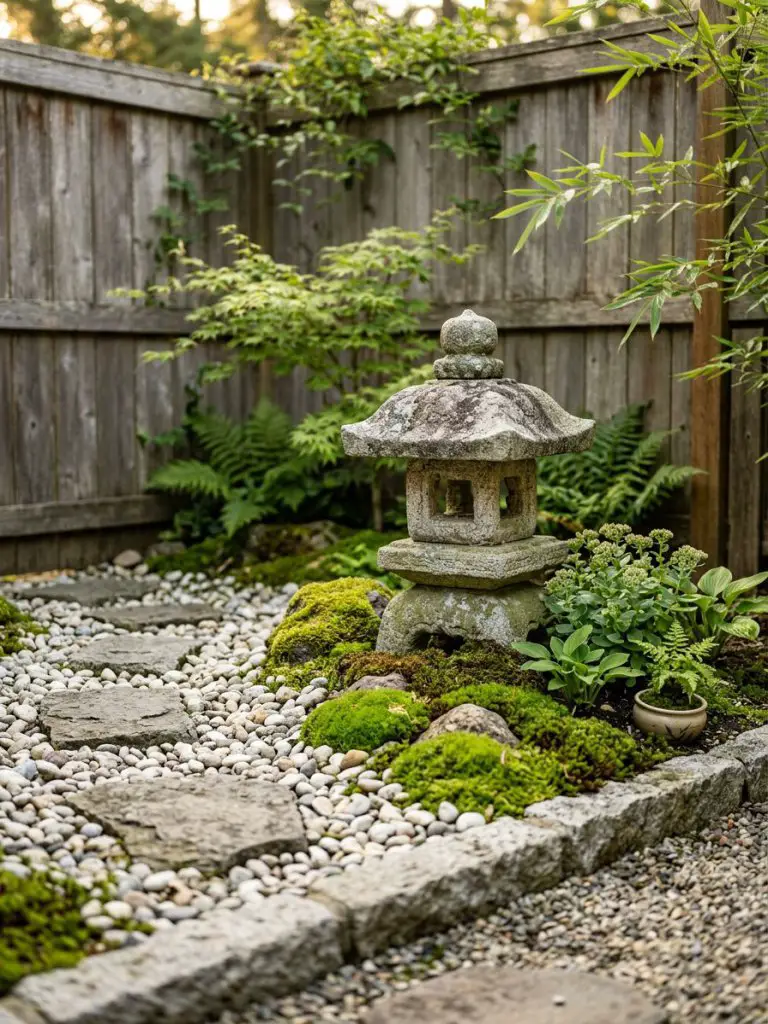 A mini Japanese garden in a small backyard corner featuring a traditional stone lantern surrounded by pebbles.