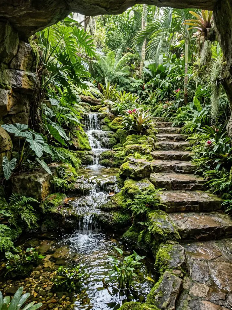 A mini jungle waterfall garden designed in a naturalistic tropical style.