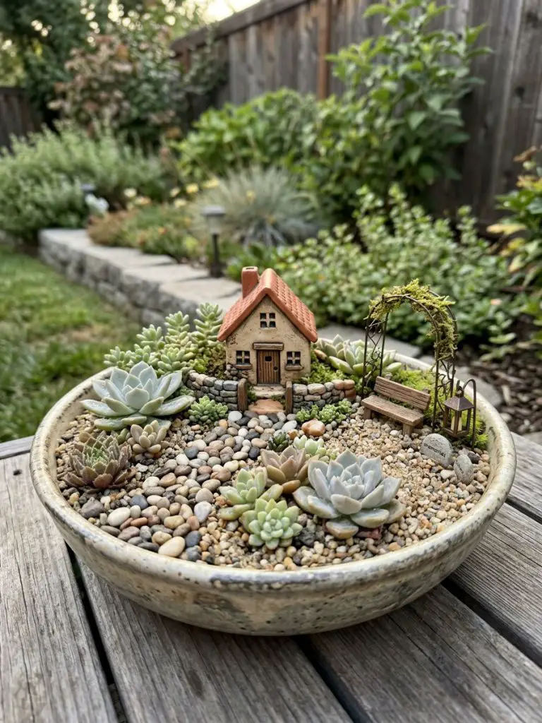 A miniature memorial garden scene in a small backyard corner of a United States home designed in warm minimalist and modern rustic style wit.