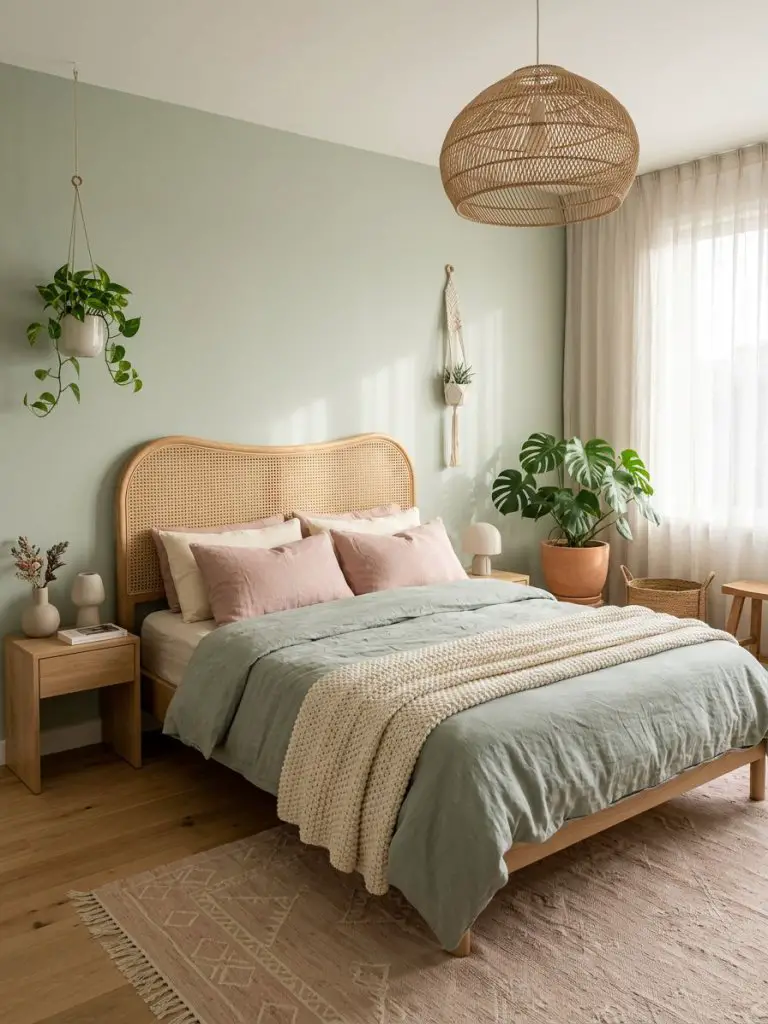 A minimal pink and green boho bedroom with soft sage walls and sculptural rattan decor in a warm minimalist style.