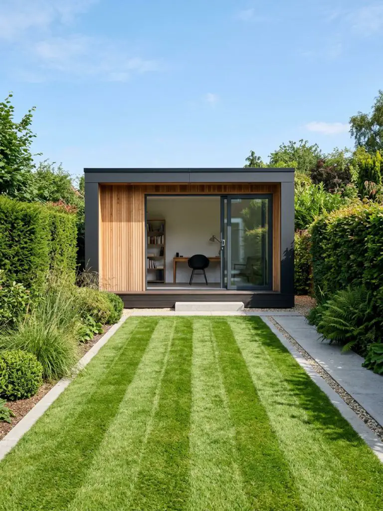 A minimal garden office positioned at the end of a narrow, neatly striped lawn, designed in contemporary minimalist style.