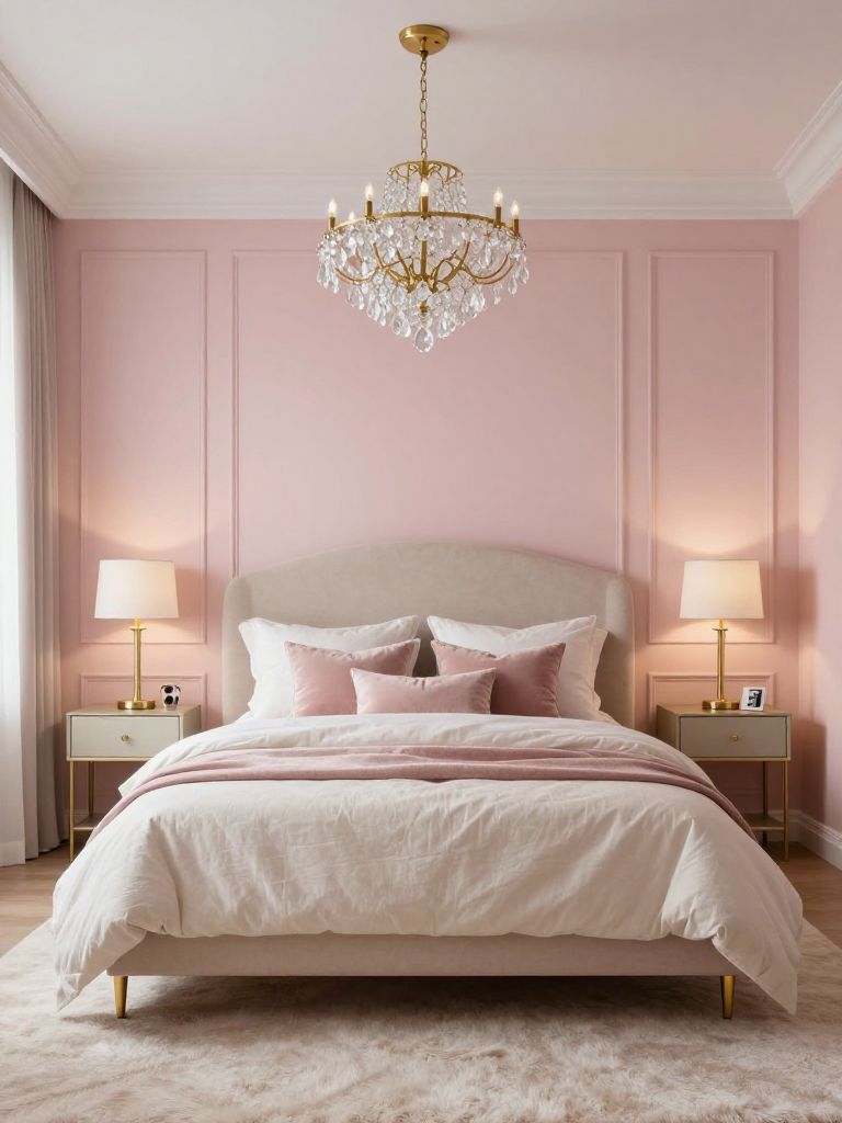 A minimal glam pink bedroom designed with clean lines, elegant gold lighting, and soft layered textures for a sophisticated modern retreat.