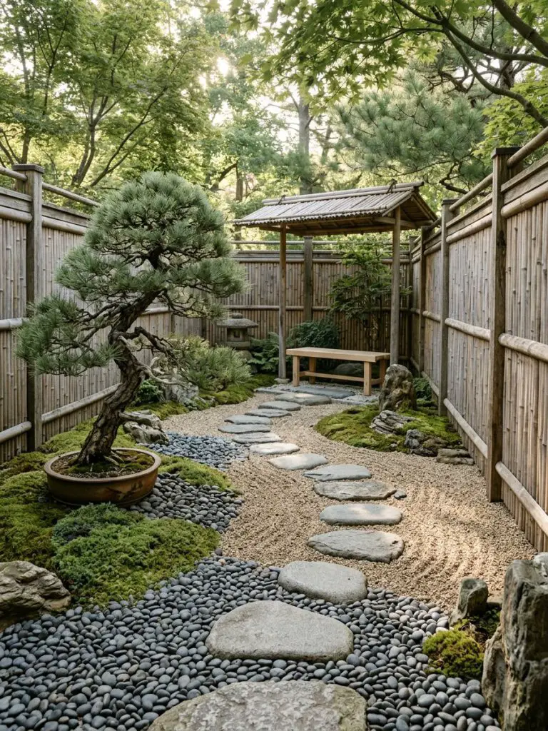 Create a minimalist Japanese meditation garden featuring sculpted bonsai trees, smooth stepping stones, and carefully arranged river pebbles.