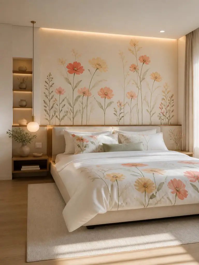 A minimalist modern floral bedroom designed with a low upholstered platform bed dressed in crisp white bedding featuring delicate watercolor.