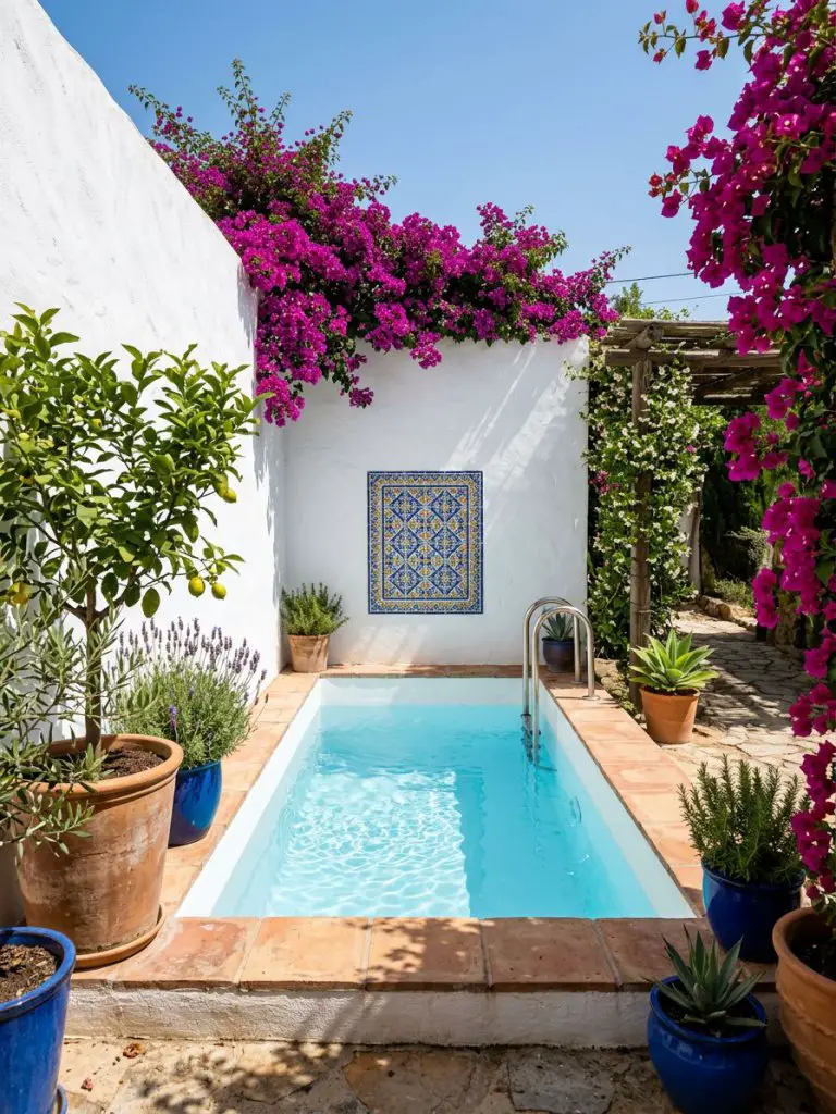 A minimal small garden pool with bright Mediterranean touches in a compact backyard.