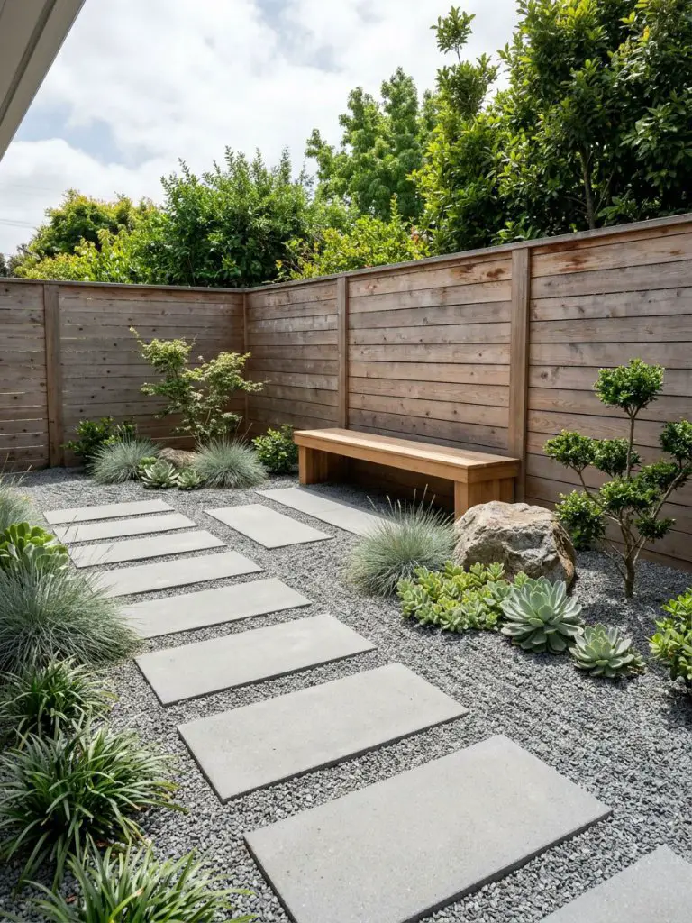 A minimalist Zen-inspired small garden with a modern rustic touch, featuring a calming gravel layout and warm wood accents.