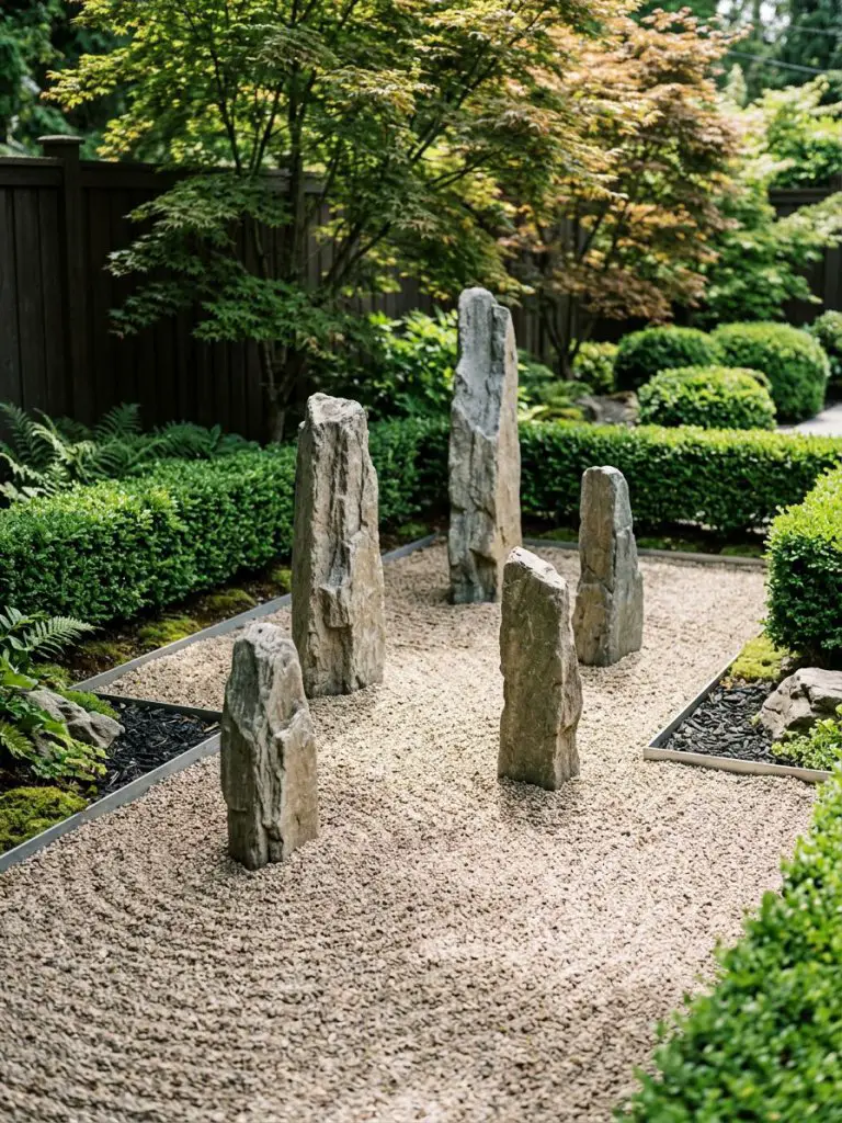A minimalist Zen-inspired small rockery garden featuring sculptural standing stones arranged across finely textured gravel in a calm meditat.