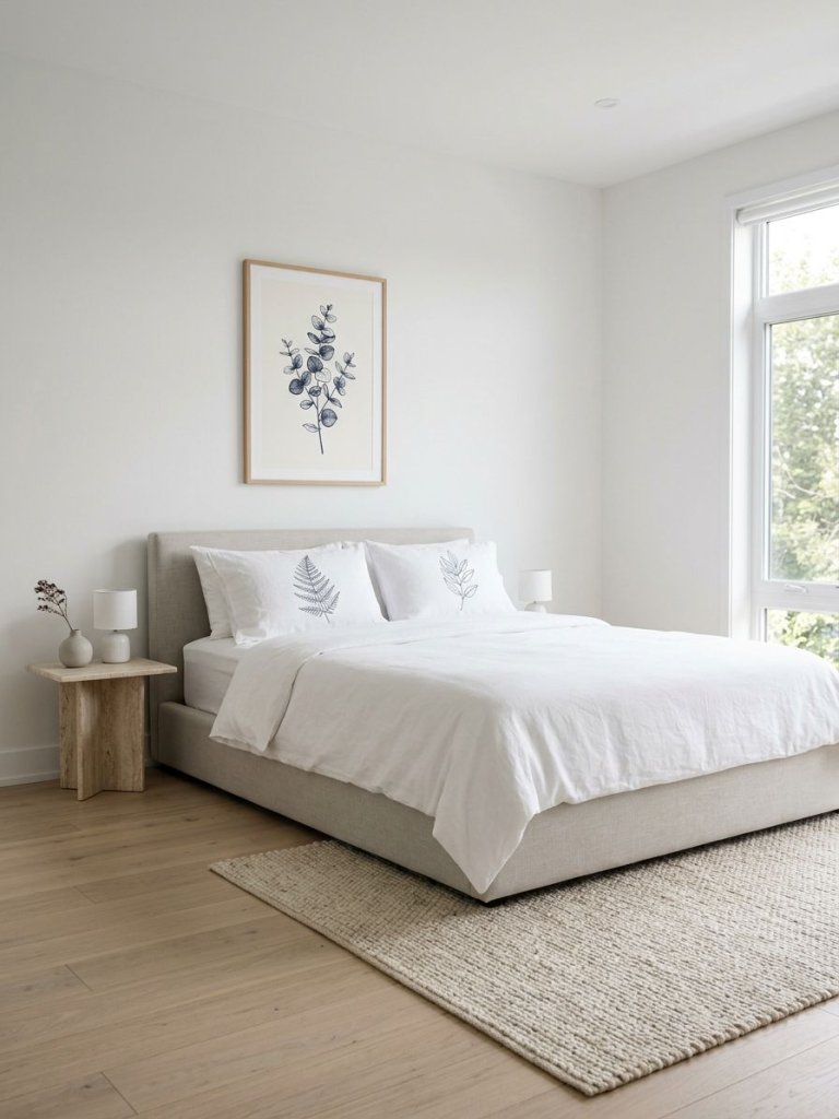 A minimalist blue botanical bedroom designed with a monochromatic palette and subtle nature-inspired detailing.