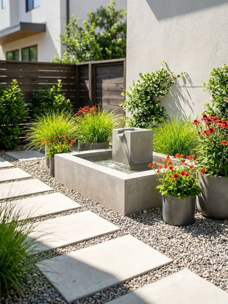 A compact backyard garden with a minimalist concrete fountain featuring clean geometric lines and a smooth matte finish.