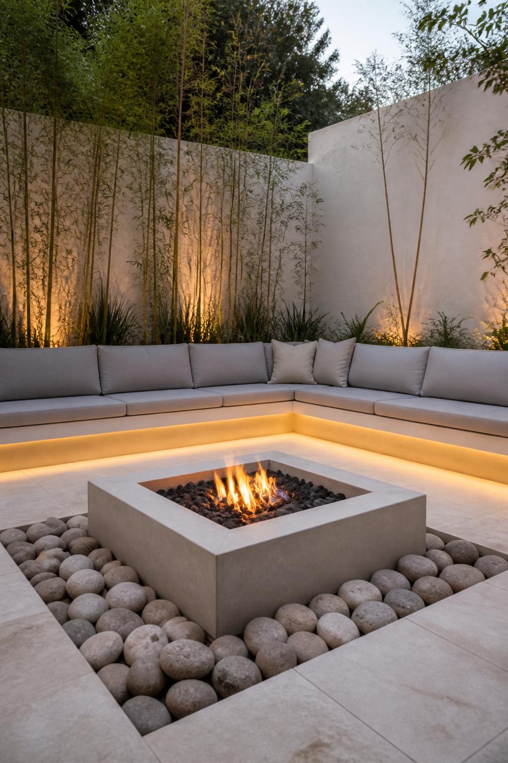 A serene minimalist courtyard defined by a geometric square fire pit surrounded by smooth oversized river rocks.