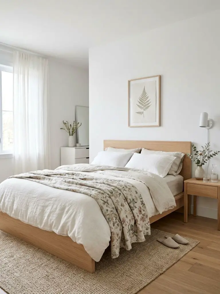 A minimalist floral bedroom aesthetic featuring crisp white walls, light oak flooring, and clean modern furniture accented by subtle botanic.