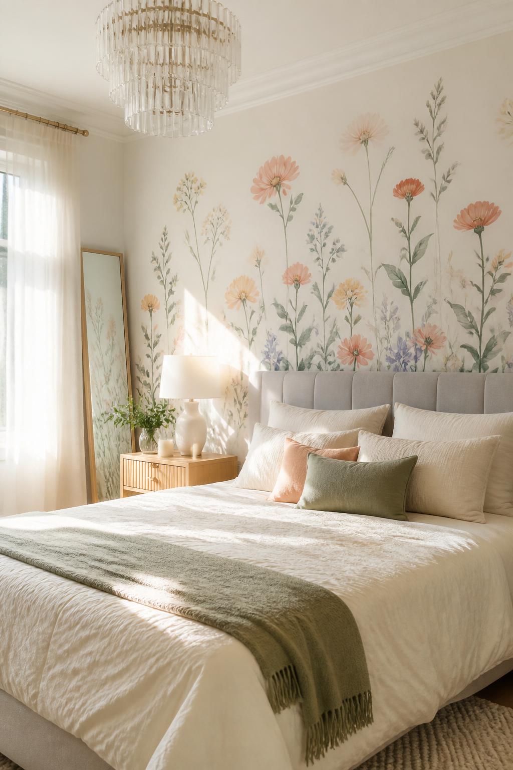 A serene modern bedroom with a large-scale pastel botanical mural painted on a crisp white wall, framing a contemporary upholstered headboar.