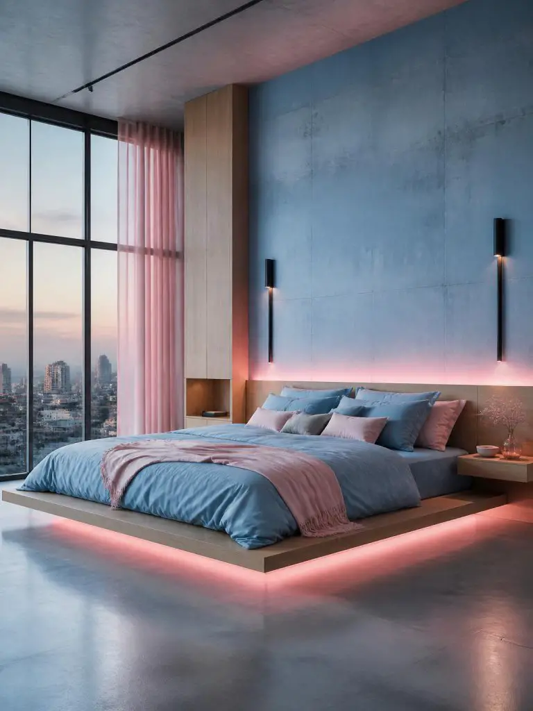 A minimalist loft bedroom with dominant sky blue bedding contrasted by soft pink ambient lighting and clean architectural lines.