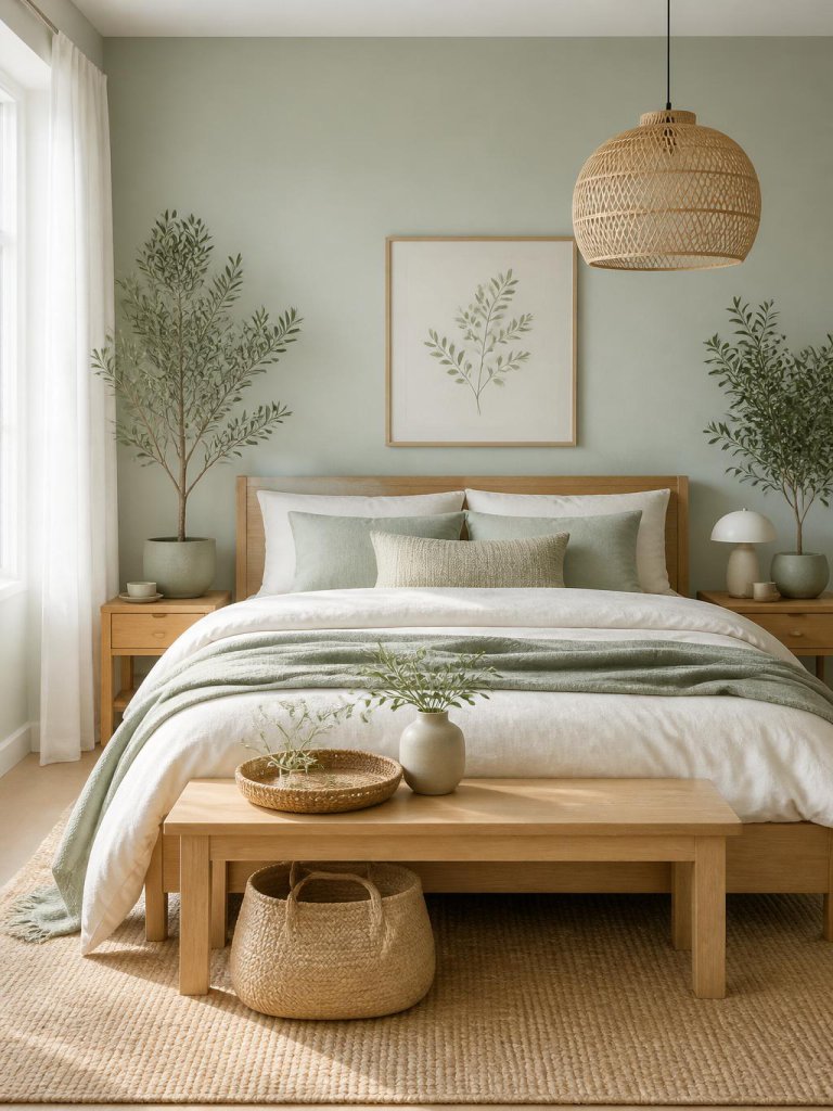 A minimalist mint green floral bedroom styled in Scandinavian and Japandi-inspired design with pale sage walls, light oak furniture, simple.