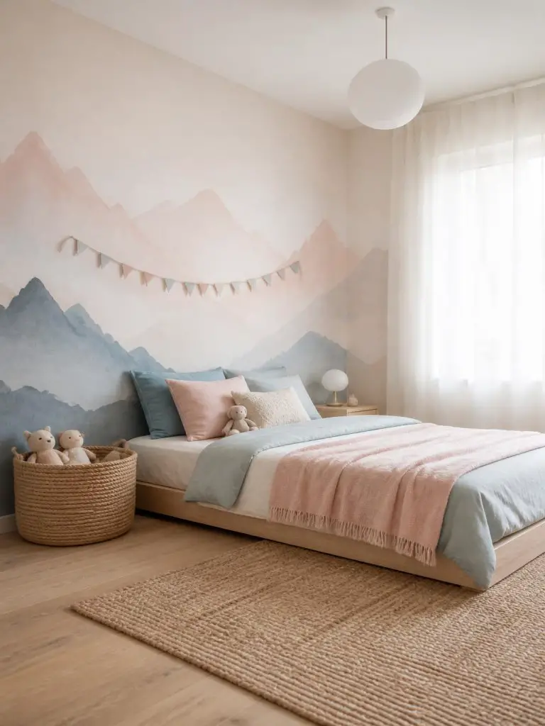 A serene minimalist kids bedroom with hand-painted pastel mountain walls in soft blush pink, misty blue, and warm ivory tones inspired by Sc.