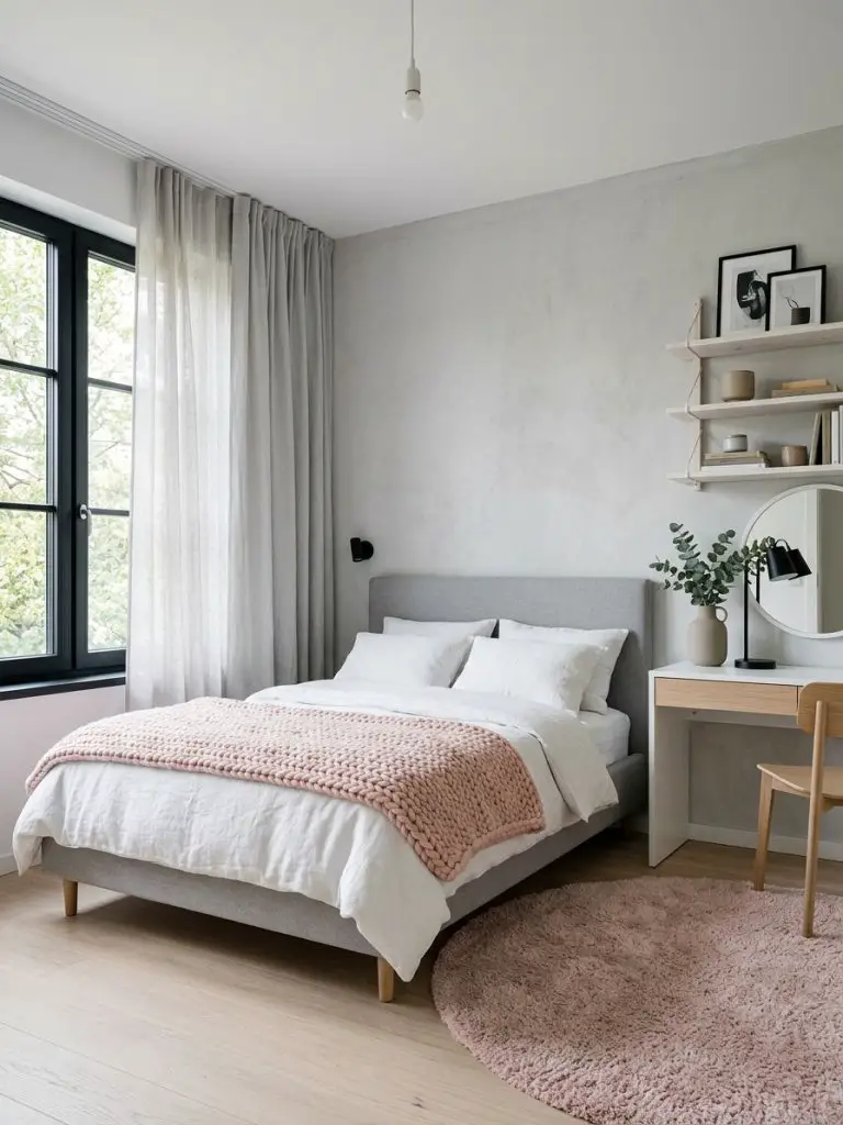 A minimalist Scandinavian-inspired pink and grey bedroom with clean architectural lines and soft cozy textures.
