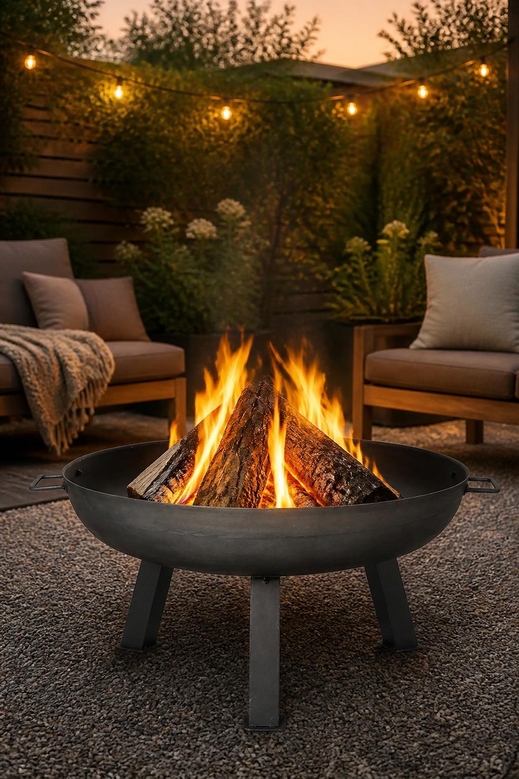This minimalist round steel fire pit sits perfectly centered on a gravel patio, flanked by teak lounge chairs with taupe cushions and a cozy.