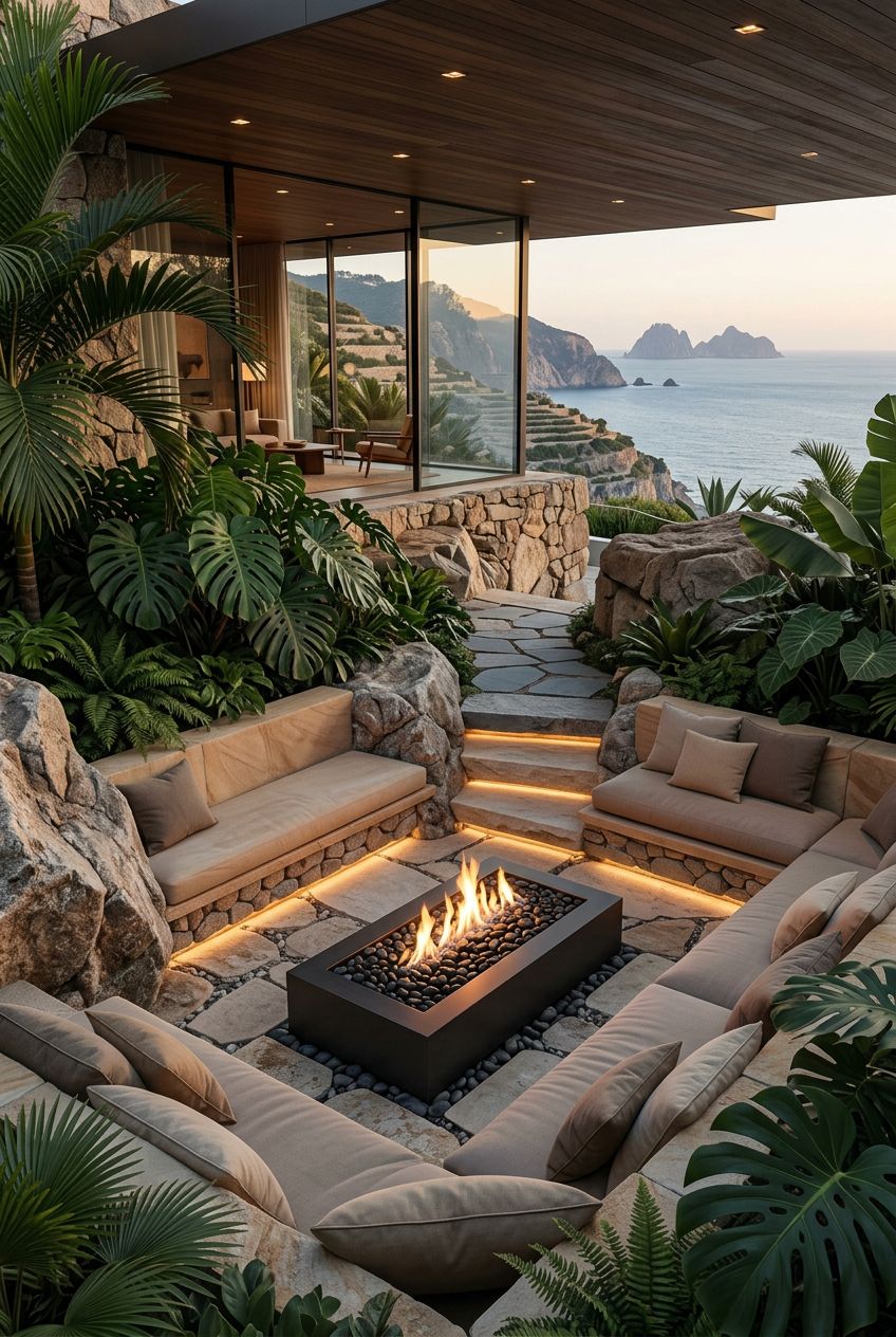 A minimalist sunken lounge in a modernist garden, with built-in stone benches framing a sleek rectangular fire feature filled with black riv.