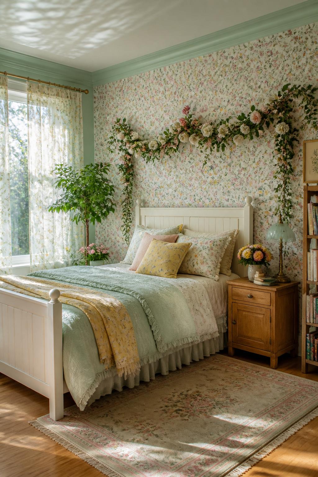 A whimsical children’s bedroom in mint green and blush tones, where colorful ditsy floral wallpaper plays with a fresh white wooden bed laye.