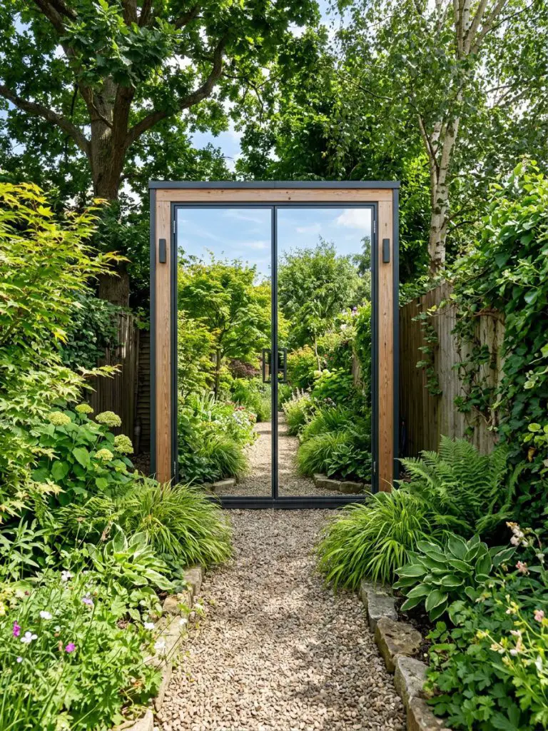 A narrow backyard shed with mirrored doors designed to visually expand the space, blending modern design with clever spatial illusion.