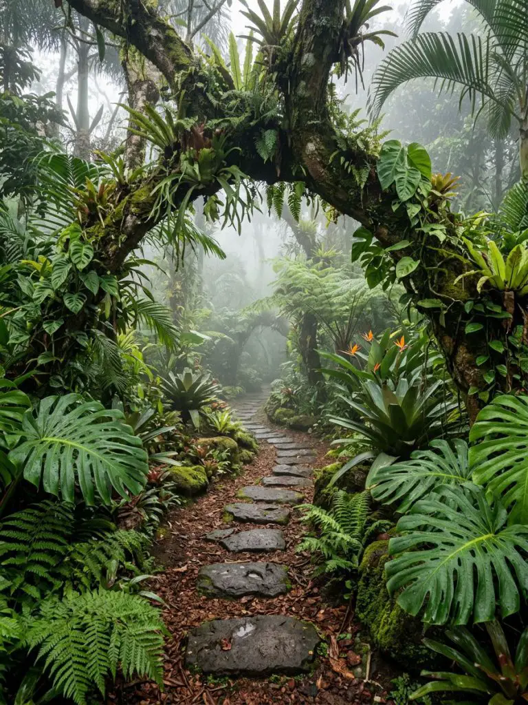 A misty jungle garden pathway in a tropical minimalist style with subtle modern rustic influence.