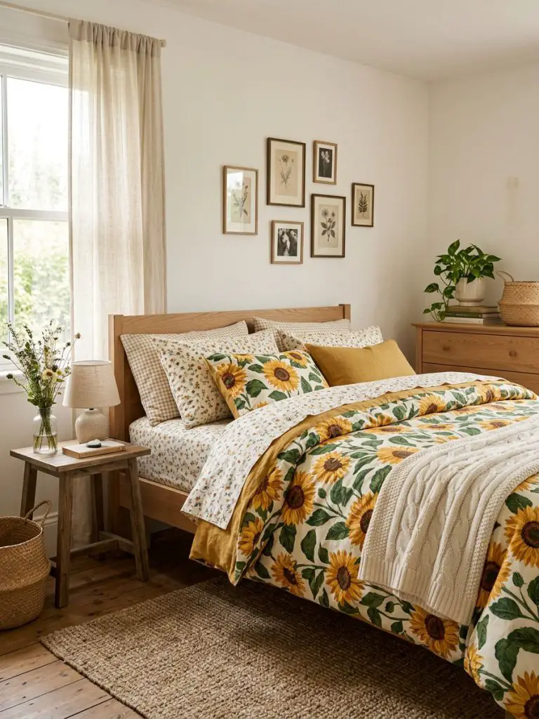 A layered floral bedroom aesthetic showcasing mixed botanical textures through oversized sunflower bedding paired with delicate ditsy floral.