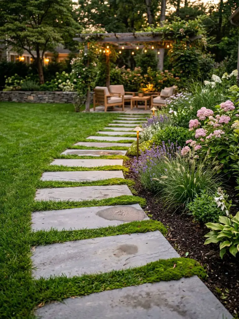 A mixed media garden path combining stone pavers and grass, designed in a Warm Minimalist landscape style.