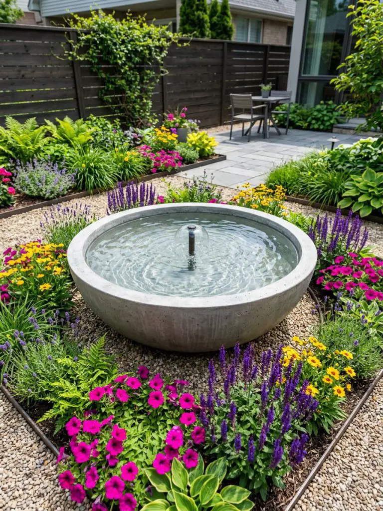 A modern basin-style fountain in a small backyard featuring a wide, shallow concrete bowl with a central water spout.