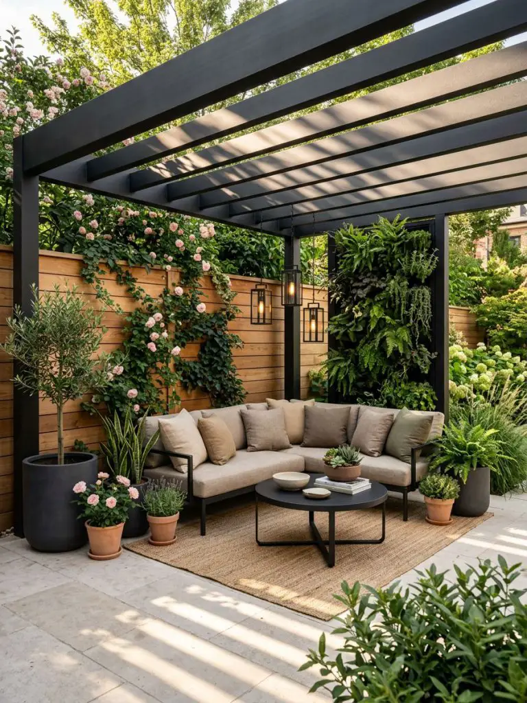 A sleek small garden pergola designed in a contemporary modern rustic style, featuring a matte black steel pergola with integrated vertical.