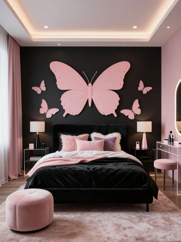 A modern black and pink bedroom aesthetic with dramatic contrast, butterfly wall decor, and soft glowing LED ceiling lighting for a trendy f.