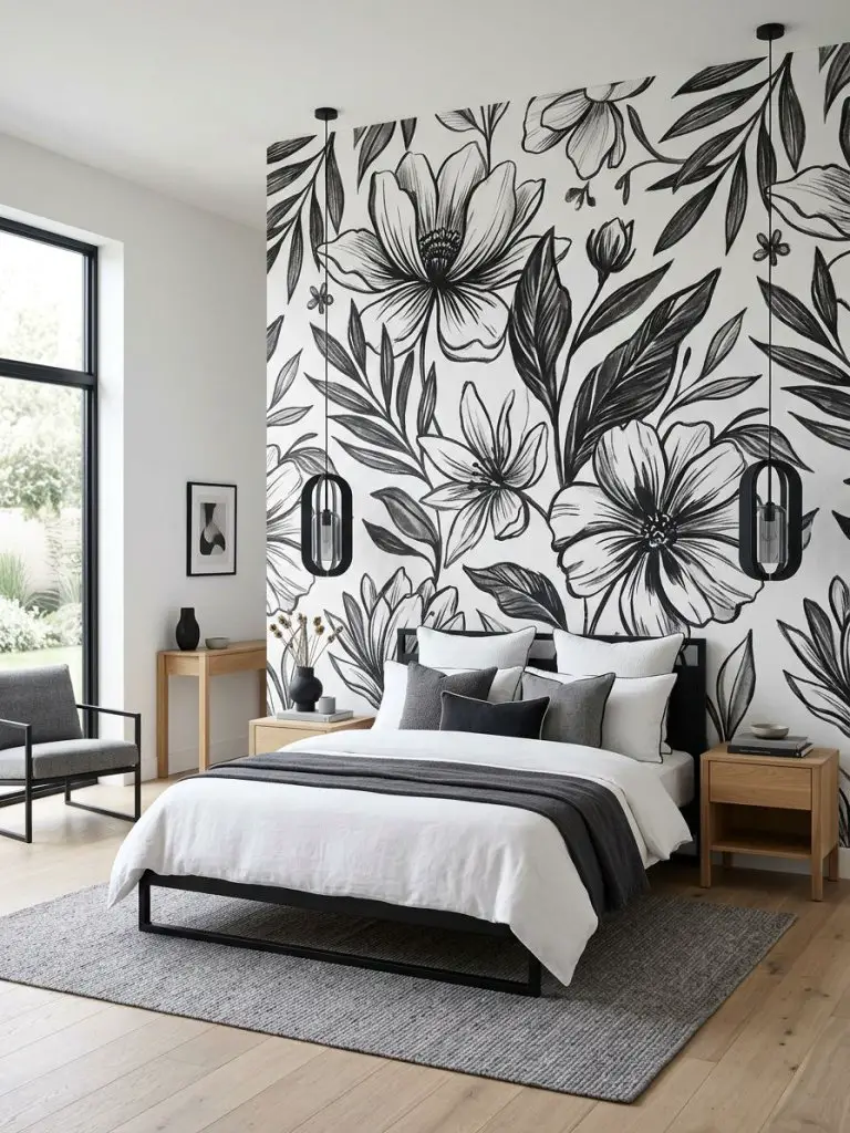 A sleek modern monochrome floral wallpaper bedroom featuring oversized black and white botanical illustrations that create a bold graphic st.