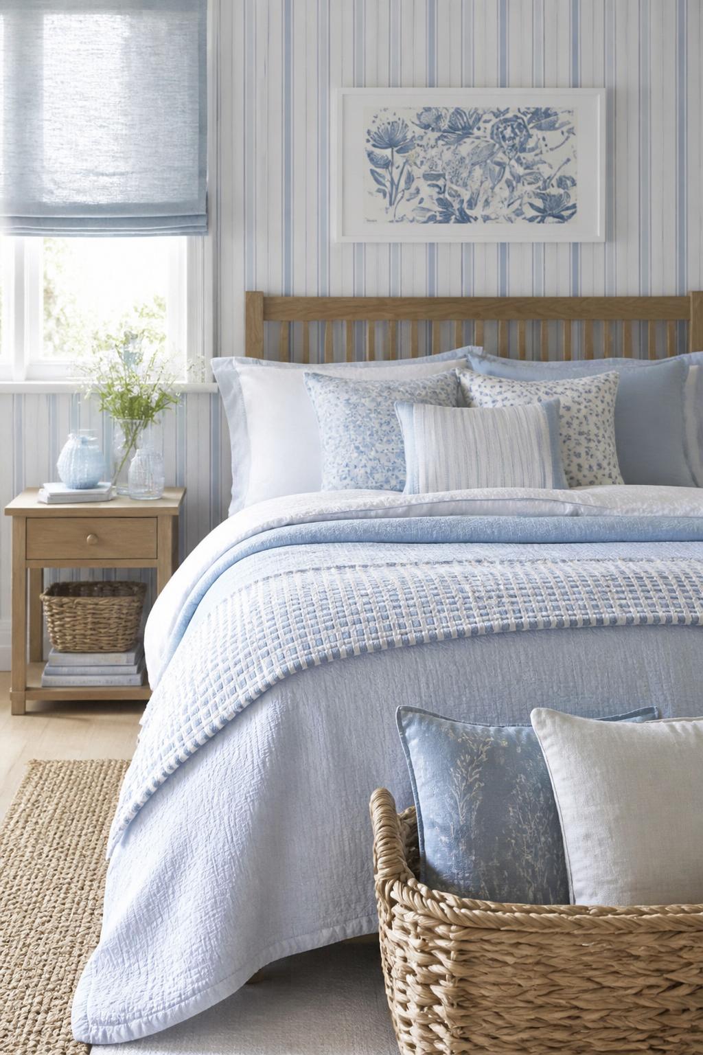 A tranquil, contemporary bedroom fusing gentle blue and white striped wallpaper with hints of blue floral patterns.