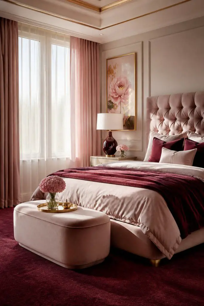 A modern bedroom awash in soft blush and burgundy tones, featuring a tall tufted headboard and a plush bed layered with pale pink bedding an.