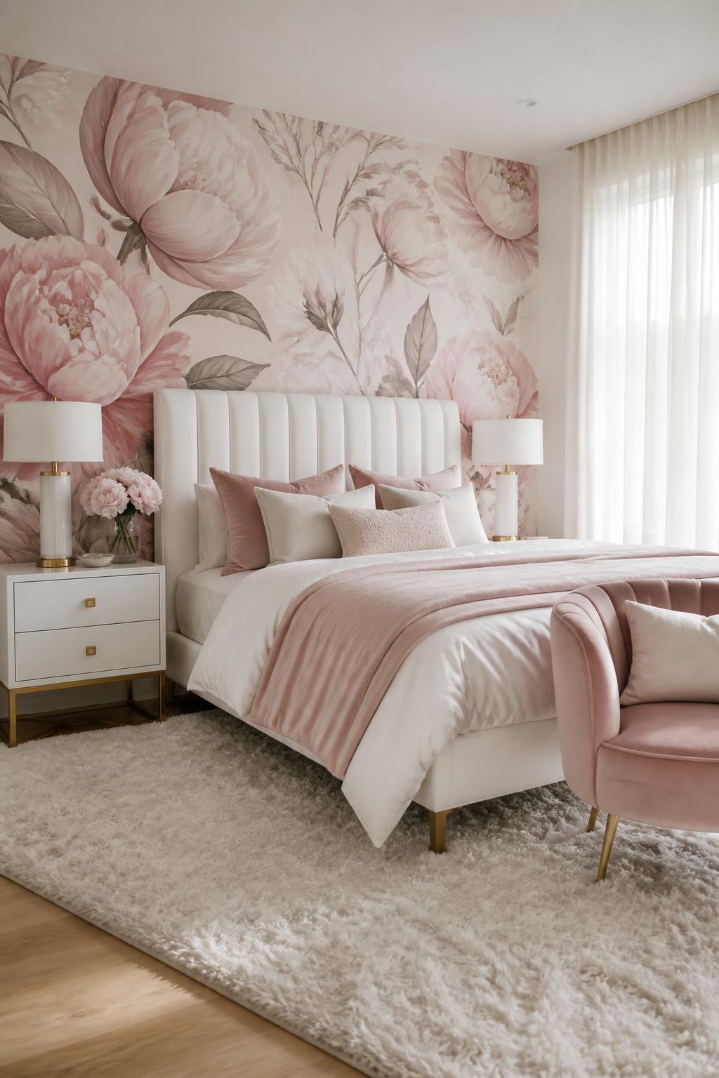 A chic contemporary bedroom with blush-pink oversized floral wallpaper providing a stunning background.