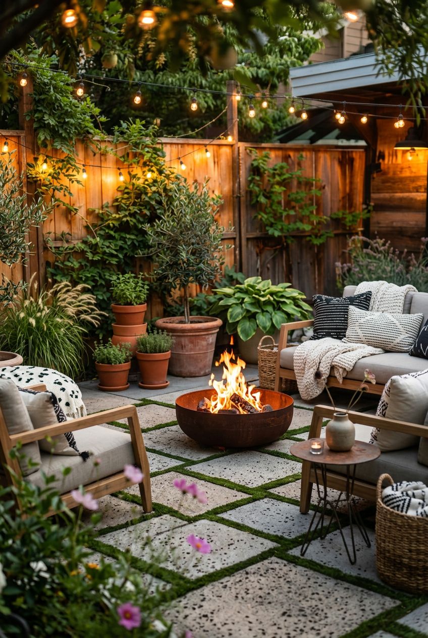 A modern boho-inspired patio with a central metal fire pit set in a grid of large concrete pavers bordered by rich green moss.