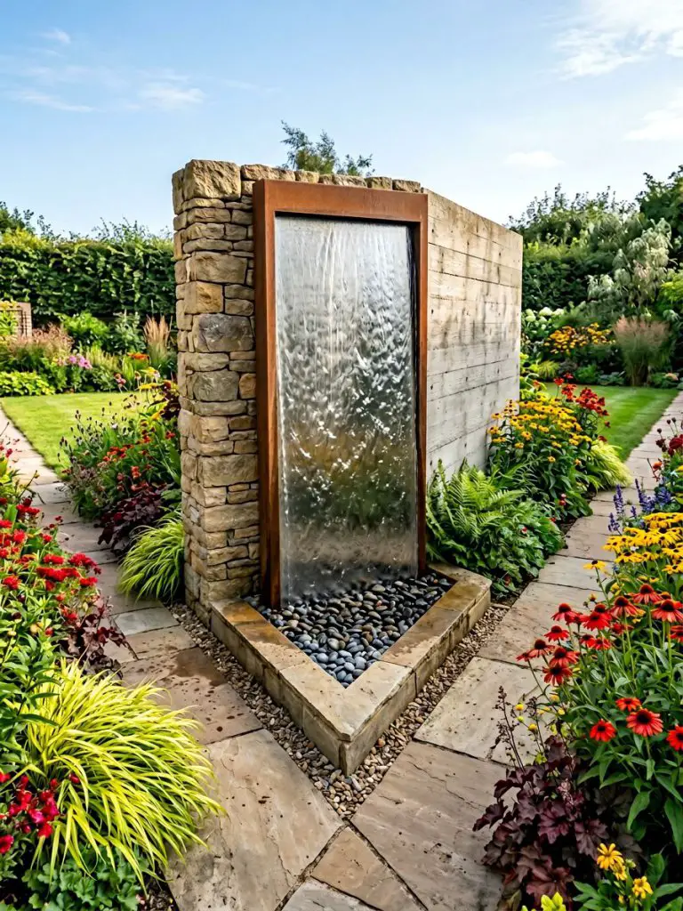 A triangular backyard garden with three defined edges featuring a modern corner water blade installed at one of the angles.
