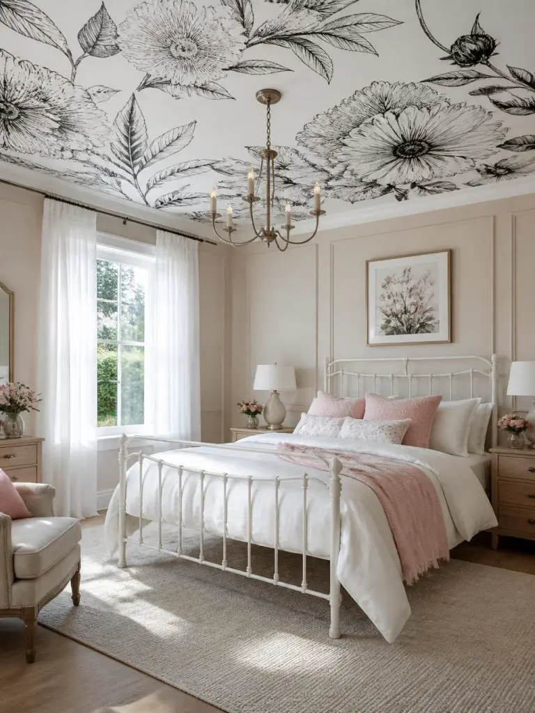 A bright modern cottage bedroom featuring a dramatic oversized floral ceiling mural in black sketch-style botanical artwork spread across a.