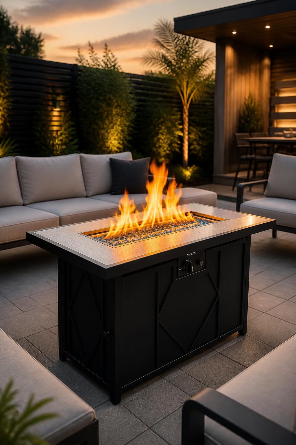 In a sleek, modern courtyard, a rectangular gas fire pit table with a brushed metal top anchors the lounge area.