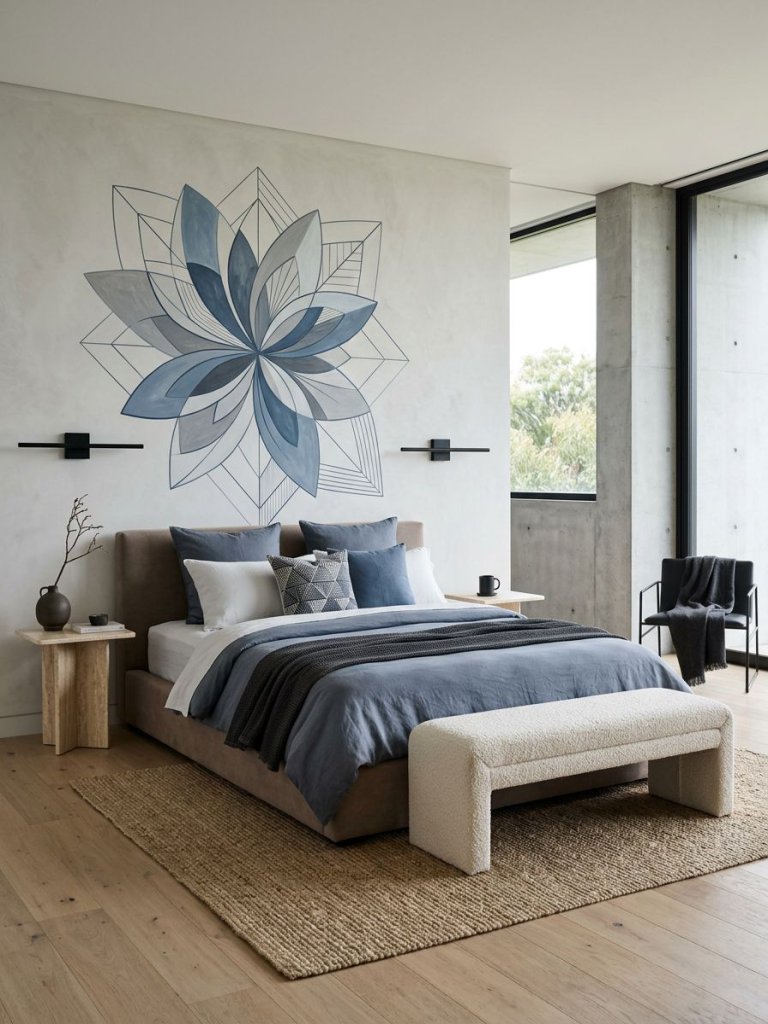 A contemporary blue floral bedroom featuring abstract geometric botanical patterns blended with clean modern architecture.