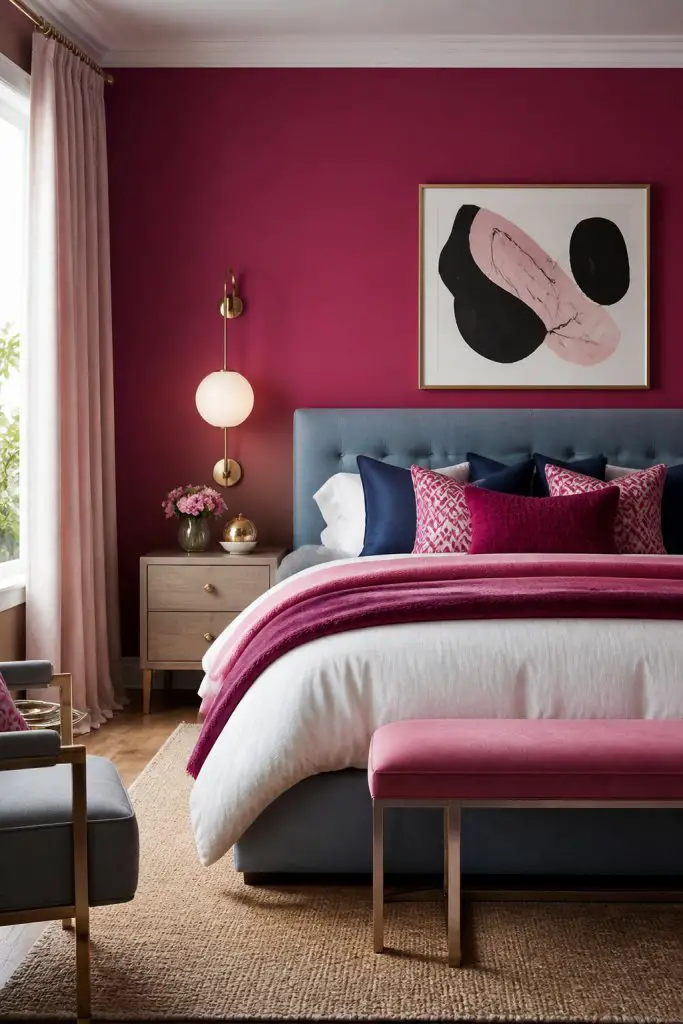 A chic modern glam bedroom with a deep rose pink accent wall that serves as a dramatic and cozy backdrop.