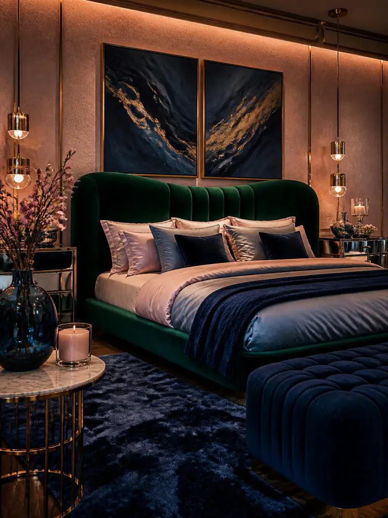 A glamorous contemporary bedroom blending jewel-toned green velvet, blush pink lighting, and rich sapphire blue decor in a luxurious high-en.