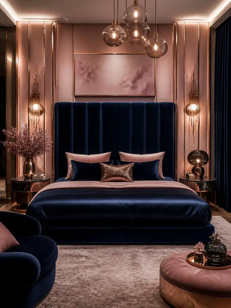 A glamorous contemporary bedroom featuring a dramatic navy blue velvet bed with tall channel tufting paired against blush pink wall panels a.
