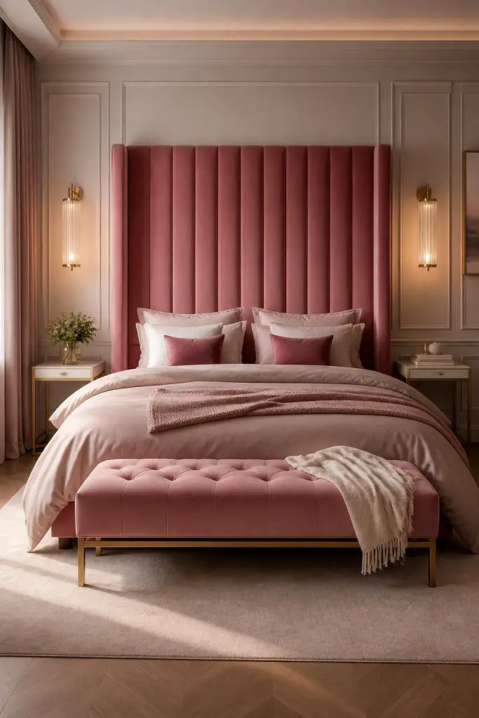 A glamorous contemporary bedroom featuring a bold, oversized pink velvet headboard with vertical tufting as the statement piece.