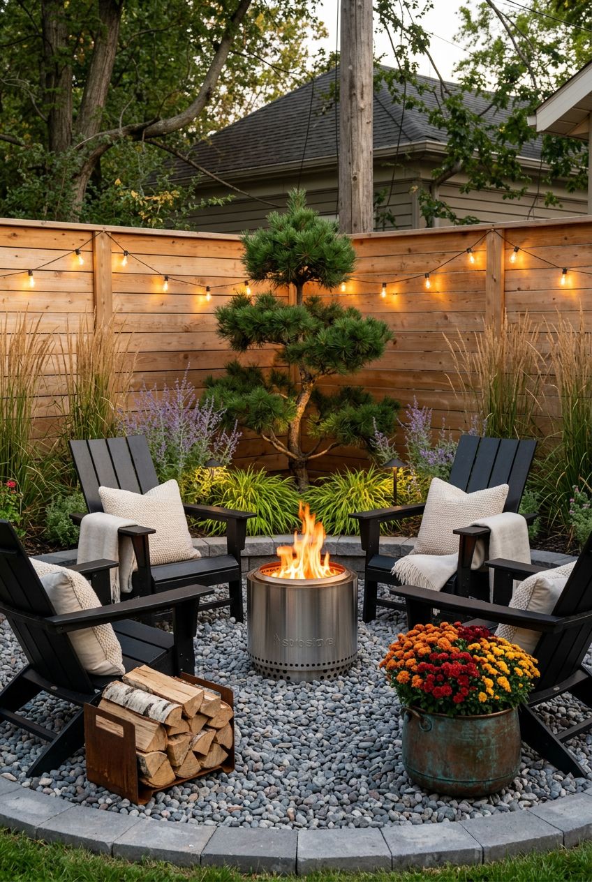 A modern backyard retreat showcasing a round, gravel-based fire pit area framed by a wooden fence draped with soft string lights.