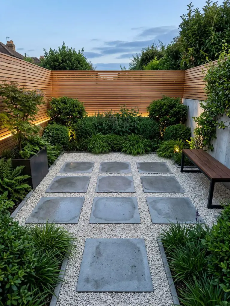 A modern small garden patio with a striking grid layout of large square stone pavers set within light gravel.