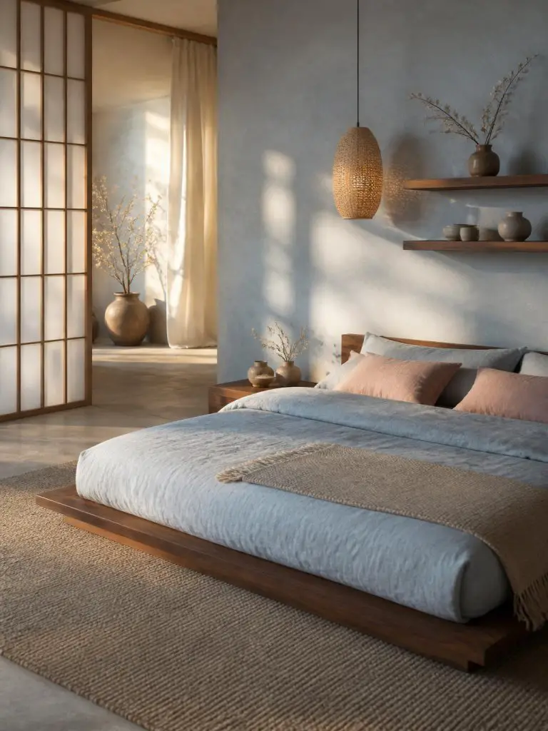 A Japandi-inspired bedroom with pale blue limewash walls, muted pink decor accents, and calming minimalist composition.